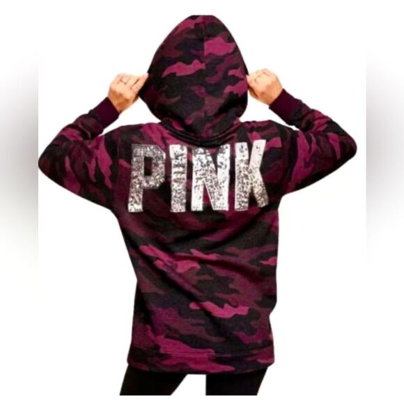 Pink Vs camouflage red bling sequin Sherpa Hoodie hooded sweatshirt jacket Large - Picture 1 of 8